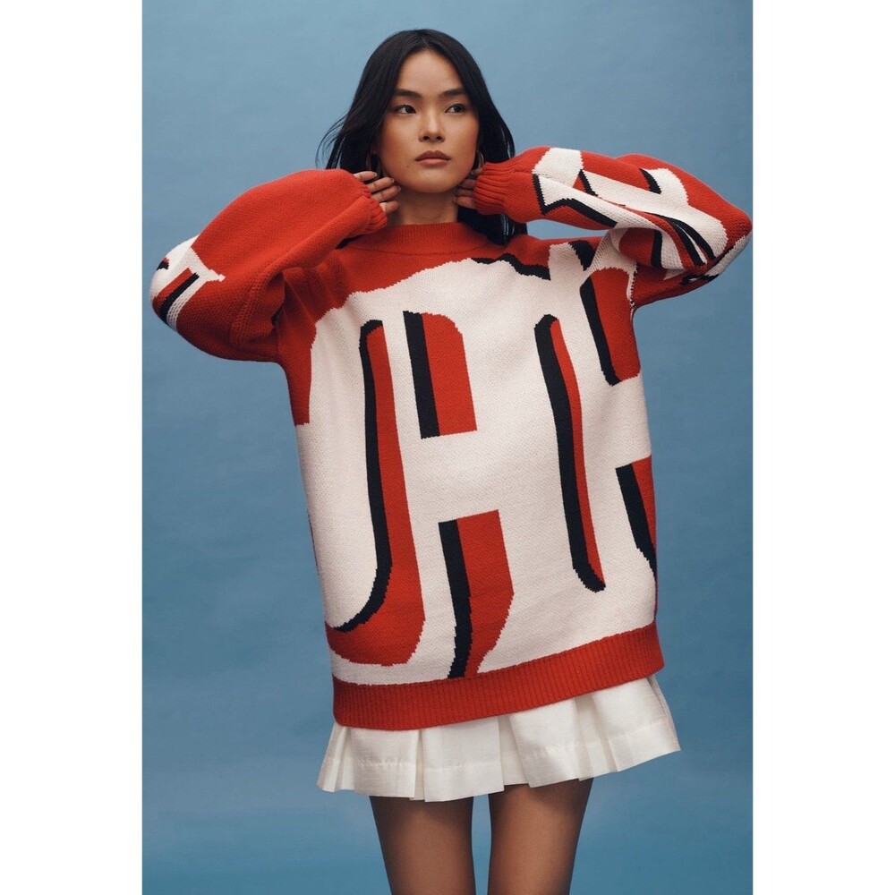 Anthropologie Maeve Sweater Oversize Red Graphic Monogram Comfy Boho Sz XXS NWT